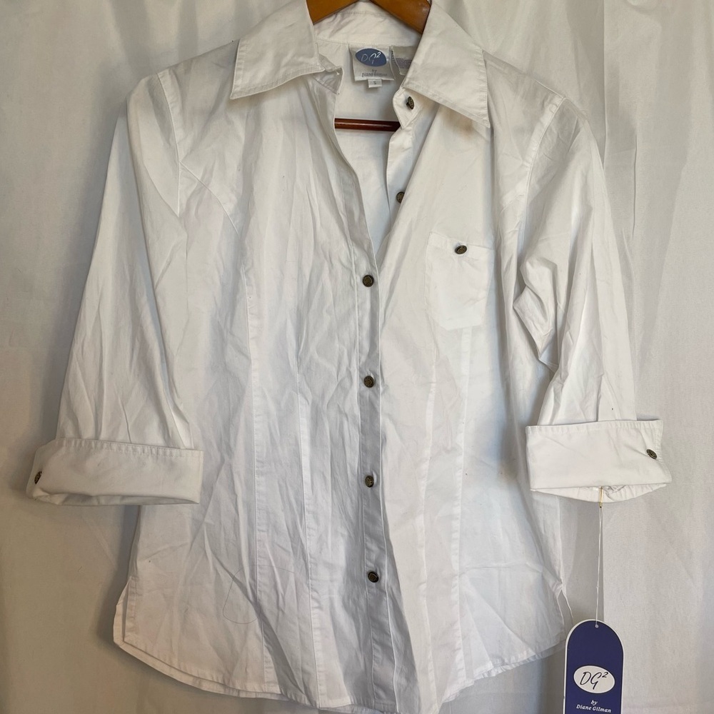 DG2 Diane Gilman Women’s Fitted White Button Down 3/4 Sleeves Shirt Blouse Small